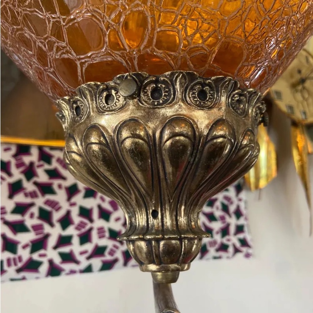 Vintage swag lamp large crackled amber glass Hollywood regency teardrop - Picture 4 of 10